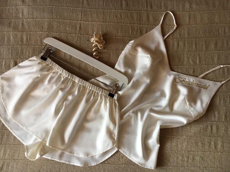 Bridal white silk robe and pajama set. Silk camisole and sleep shorts PJ set.