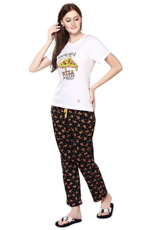 Evolove Women's Night Black Round Neck Pizza Print Pajama Set (White & Night black, S)