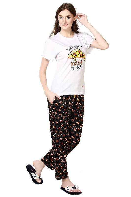 Evolove Women's Night Black Round Neck Pizza Print Pajama Set (White & Night black, S)