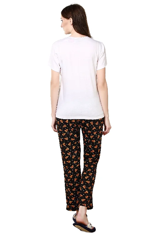 Evolove Women's Night Black Round Neck Pizza Print Pajama Set (White & Night black, S)