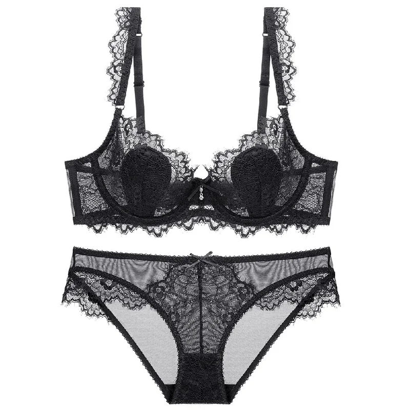 Gbaelay Embroidery Lace Mesh Push Up Bra Set