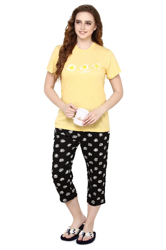 Buttercup Round Neck Flower print Women's (Capri set), (Yellow & Black )