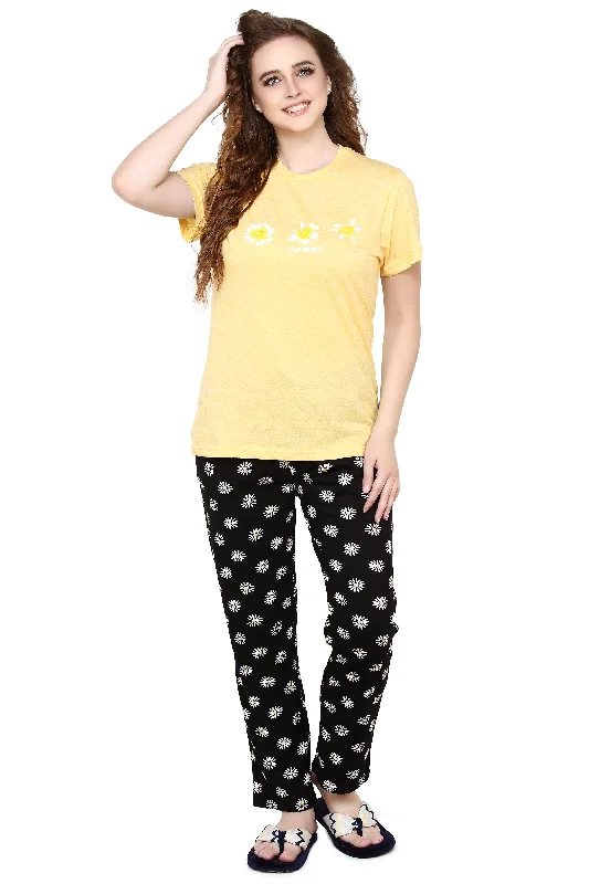 evolove Buttercup Round Neck Flower print Women's (Pajama set), (Yellow & Black), S