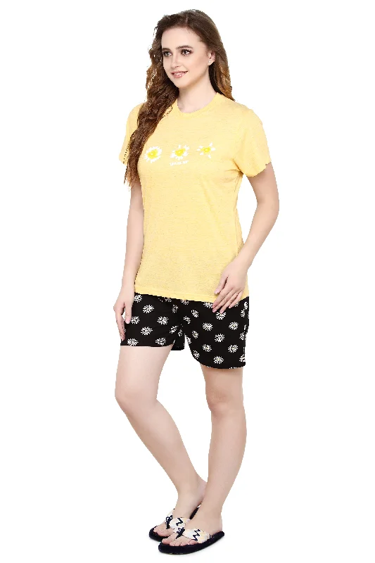 evolove Buttercup Round Neck Flower print Women's (Shorts set), (Yellow & Black), S