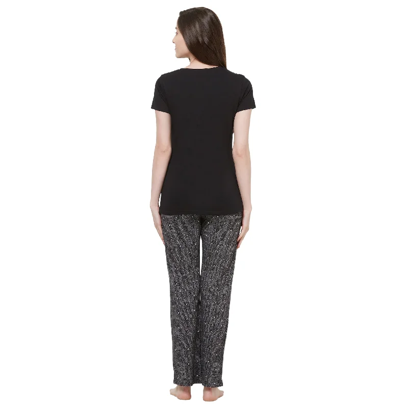 Evolove Women's cotton Half Sleeve T-shirt & Printed  Pajama Set (Colour - Black)