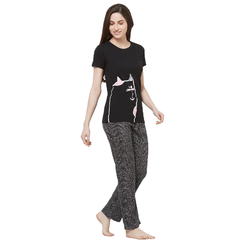 Evolove Women's cotton Half Sleeve T-shirt & Printed  Pajama Set (Colour - Black)