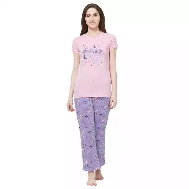 Evolove Women's Hosiery cotton Half Sleeve T-shirt & Printed  Pajama Set (Colour - Dark Pink & Printed  Lavender)