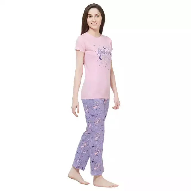 Evolove Women's Hosiery cotton Half Sleeve T-shirt & Printed  Pajama Set (Colour - Dark Pink & Printed  Lavender)