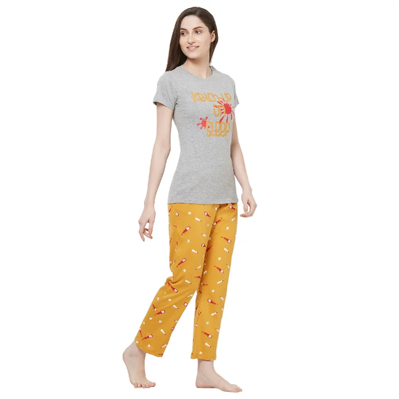 Evolove Women's Hosiery cotton Half Sleeve T-shirt & Printed  Pajama Set (Colour - Grey & Printed  Mustard)