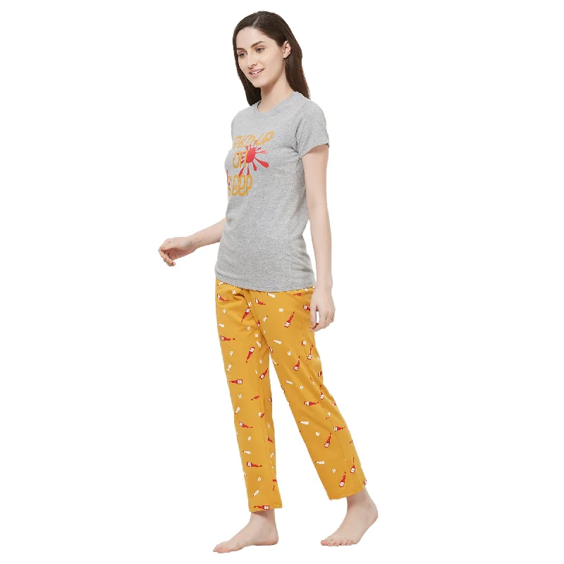 Evolove Women's Hosiery cotton Half Sleeve T-shirt & Printed  Pajama Set (Colour - Grey & Printed  Mustard)