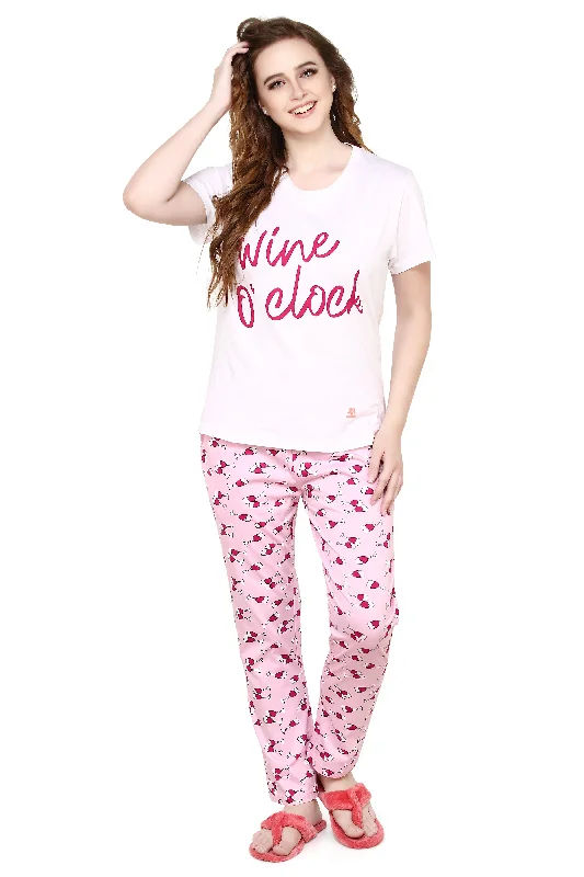 evolove Candy Pink Round Neck Wine Print Women's (Pajama set), (White & Candy Pink)