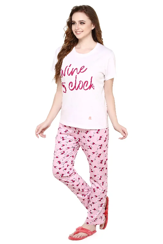 evolove Candy Pink Round Neck Wine Print Women's (Pajama set), (White & Candy Pink)