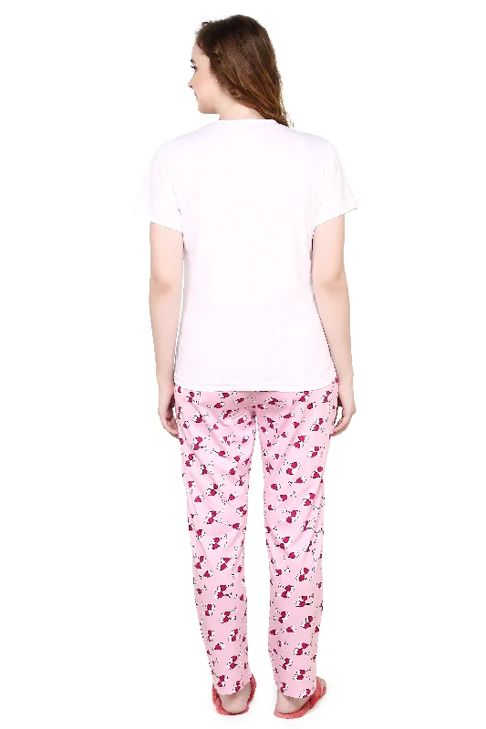 evolove Candy Pink Round Neck Wine Print Women's (Pajama set), (White & Candy Pink)