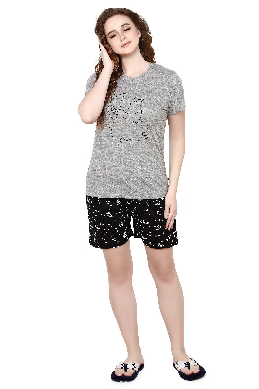 evolove Castor Grey Round Neck Galaxy print Women's (Shorts set), (Grey & Black)