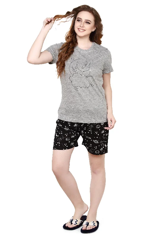 evolove Castor Grey Round Neck Galaxy print Women's (Shorts set), (Grey & Black)