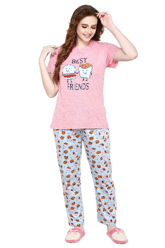 evolove Passion Pink Round neck Burger & Fries Printed Women's (Pajama set), (Pink & Blue), S