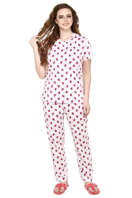 evolove Pastel Pink Round neck Strawberry Print Women's (Pajama set), (White & Pink), M