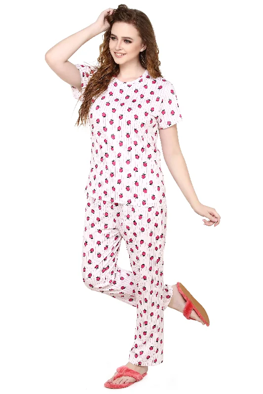 evolove Pastel Pink Round neck Strawberry Print Women's (Pajama set), (White & Pink), M