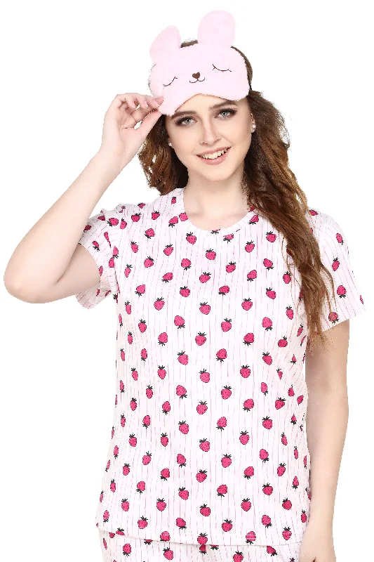 evolove Pastel Pink Round neck Strawberry Print Women's (Pajama set), (White & Pink), M