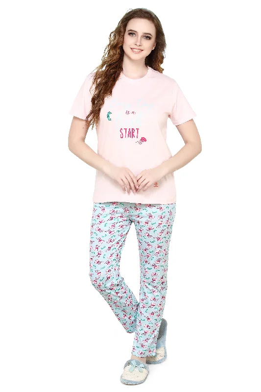 evolove Peach Puree Round Neck Sea Print Women's (Pajama set), (Peach & Air Blue), S Get free eyemask inside of any design