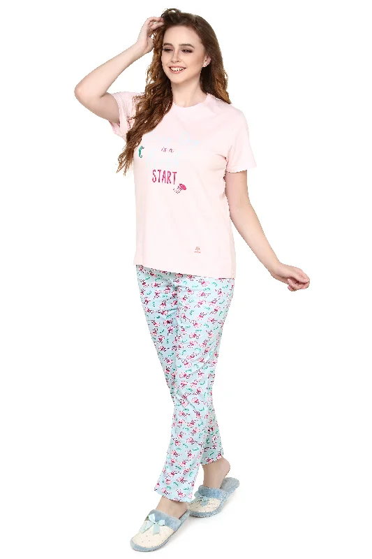 evolove Peach Puree Round Neck Sea Print Women's (Pajama set), (Peach & Air Blue), S Get free eyemask inside of any design