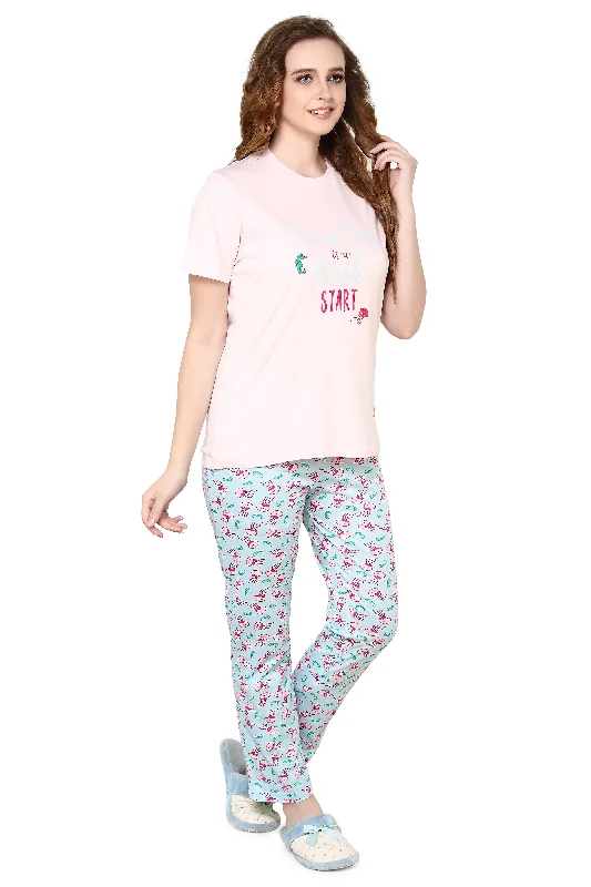 evolove Peach Puree Round Neck Sea Print Women's (Pajama set), (Peach & Air Blue), S Get free eyemask inside of any design