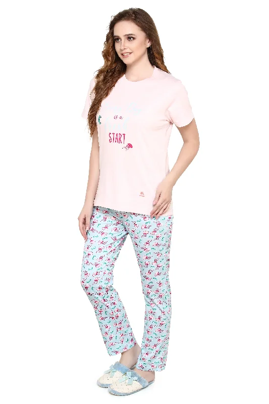 evolove Peach Puree Round Neck Sea Print Women's (Pajama set), (Peach & Air Blue), S Get free eyemask inside of any design