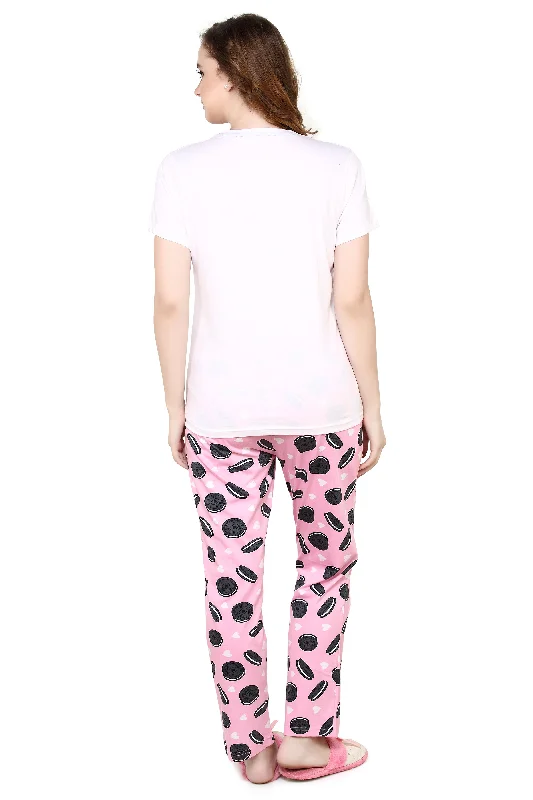 evolove Pearl White Round Neck Oreo print Women's (Pajama set), (White & Pink), S