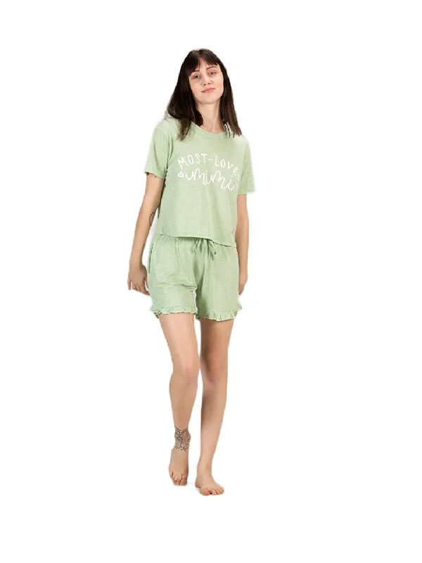 Evolove Spanish Green Shorts and Top Set for Girls Cotton Stylish Night Wear Set with Pockets Elastic Waist Super Soft Comfortable. Our Guarantee you will Love it. ( S to 2XL Size )