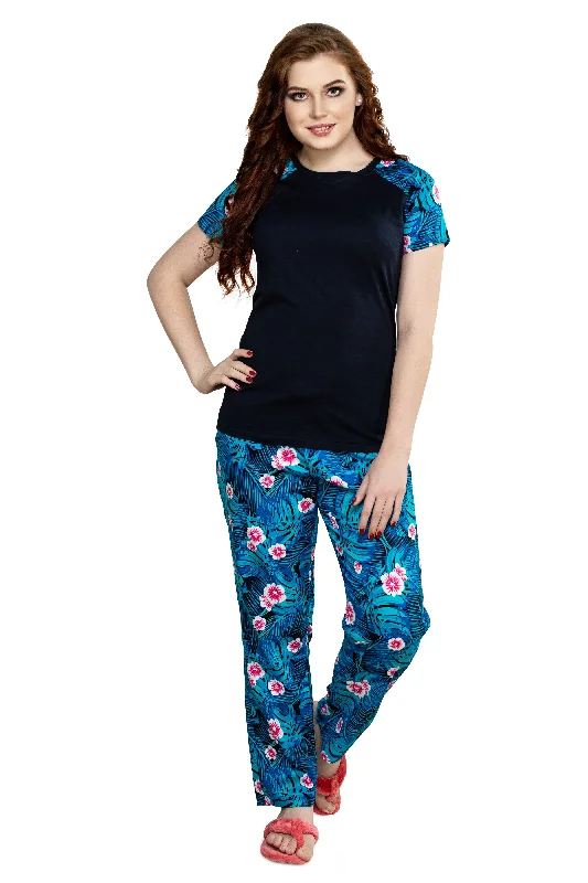 evolove Women's Knitted + Cotton Floral Print Raglon Sleeve Navy Night suit (pajama set)