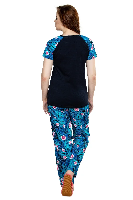 evolove Women's Knitted + Cotton Floral Print Raglon Sleeve Navy Night suit (pajama set)