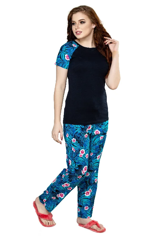 evolove Women's Knitted + Cotton Floral Print Raglon Sleeve Navy Night suit (pajama set)