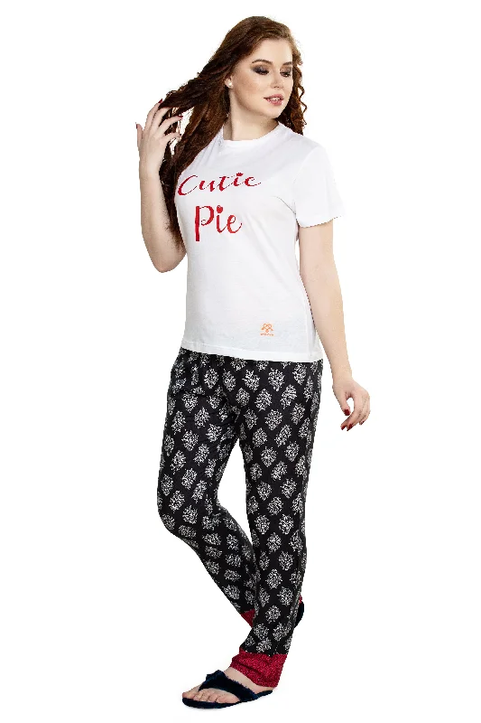 evolove Women's Knitted + Rayon cutie pie Print White Night suit (pajama set)