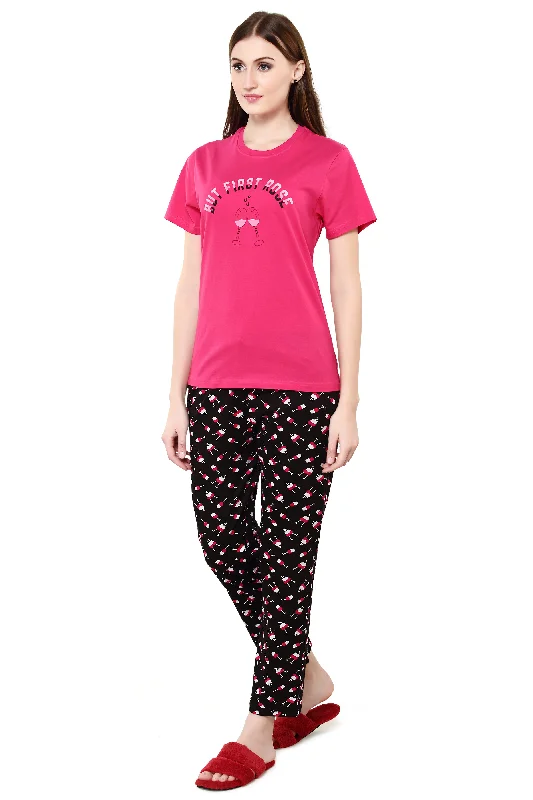 Evolove Women's Prism Fushia Round Neck Wine Printed Pajama Set (Prism Fushia & Black, S) Get Free Eyemask Inside Of Any Design