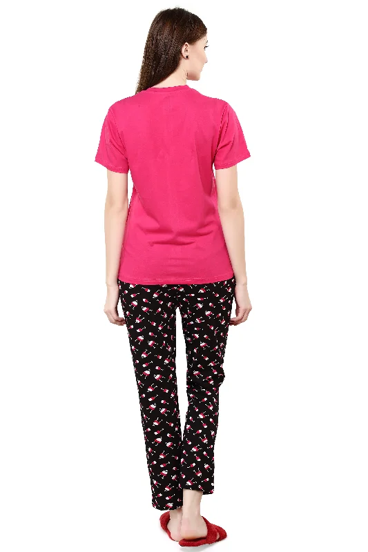 Evolove Women's Prism Fushia Round Neck Wine Printed Pajama Set (Prism Fushia & Black, S) Get Free Eyemask Inside Of Any Design