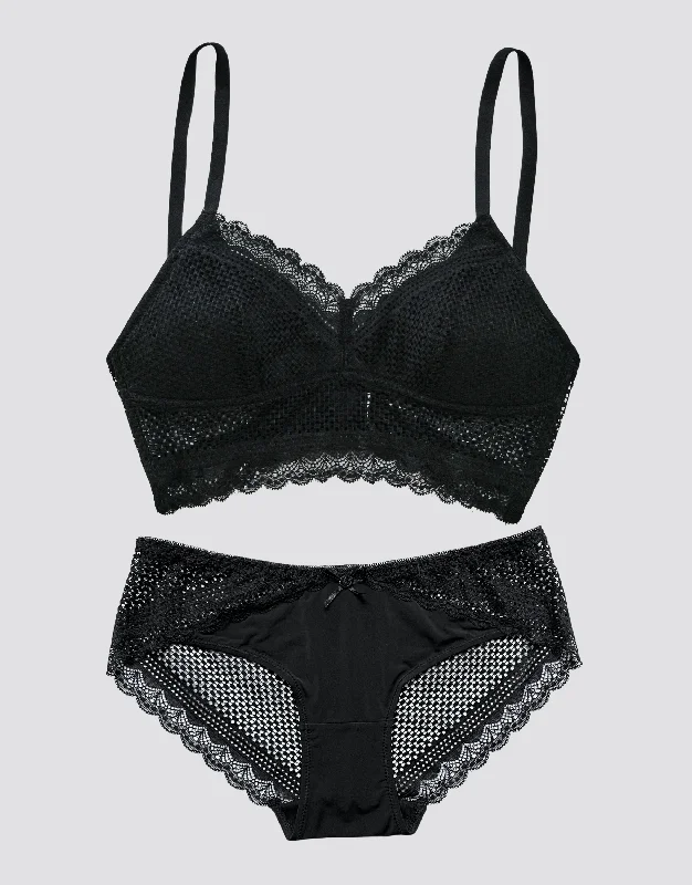 Lace Checker Bralette Set - Black