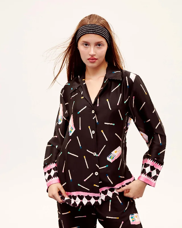 Long Sleeve Pajama Set - Matchbox in Black Silk