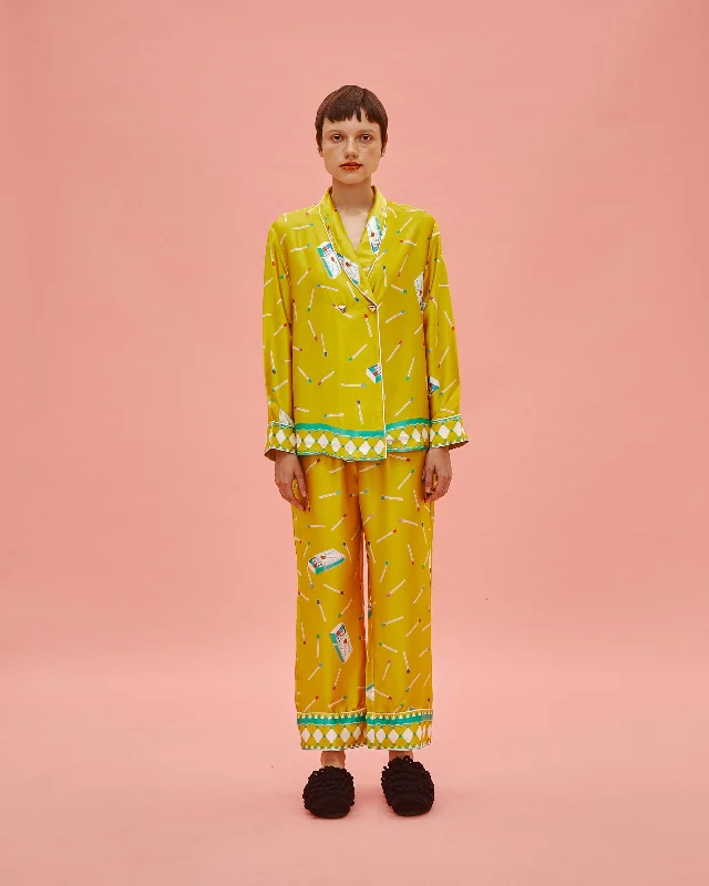 Long Sleeve Pajama Set  - Matchbox in Yellow Silk