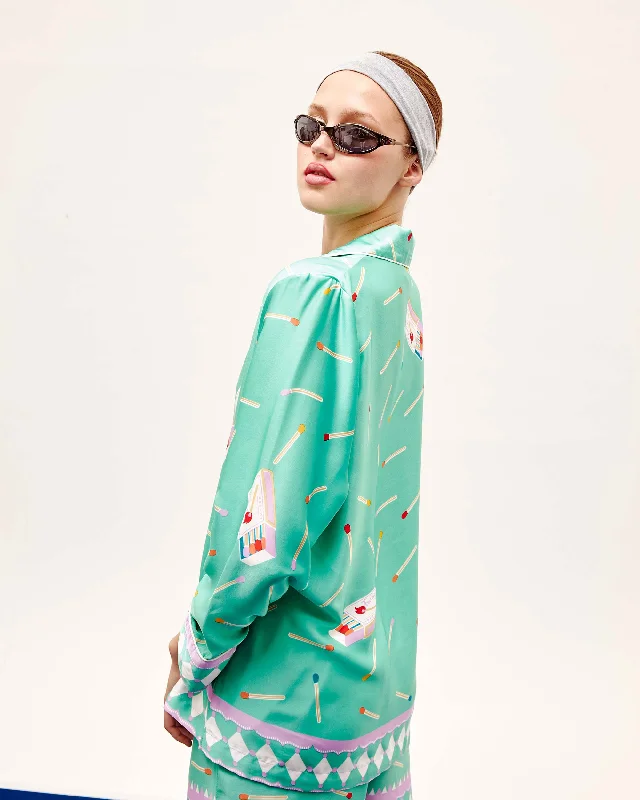 Long Sleeve Pajama & Shorts Set - Matchbox in Turquoise Silk