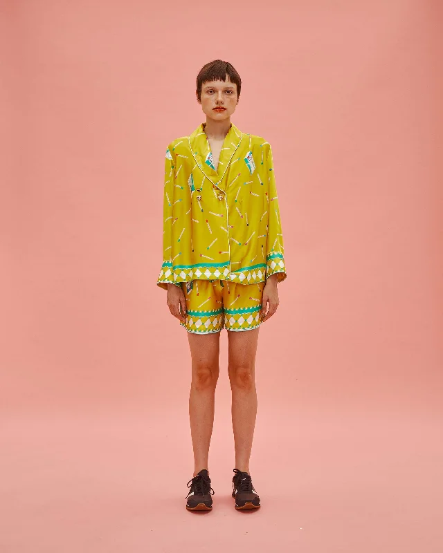 Long Sleeve Pajama & Shorts Set - Matchbox in Yellow Silk