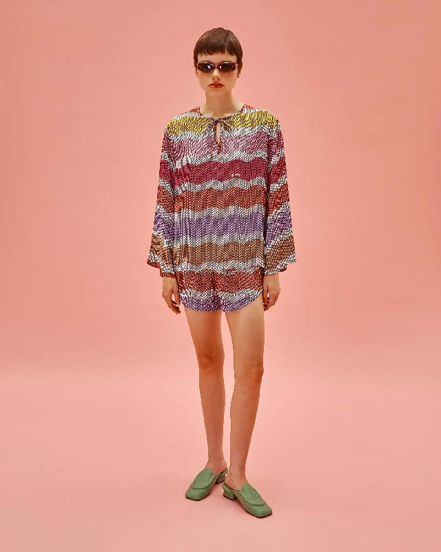 Long Sleeve Pajama & Shorts Set - Rainbow Red Chevron Silk