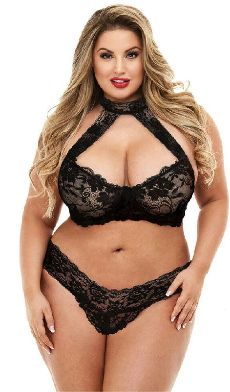 Plus size seductive black lace bra set