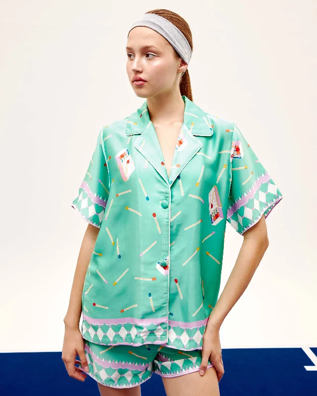 Short Sleeve Pajama & Shorts Set - Matchbox in Turquoise Silk