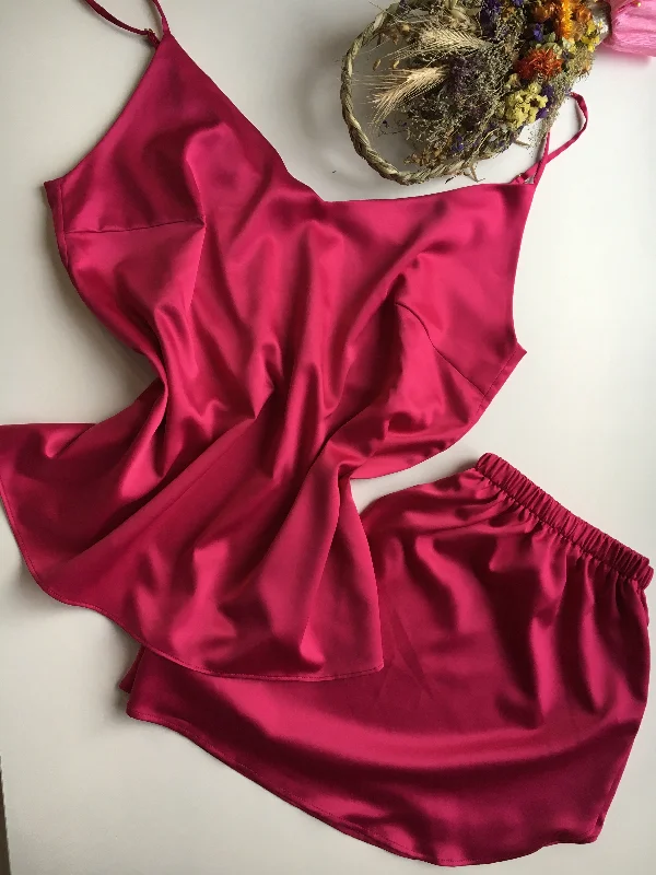 Silk camisole and sleep shorts pajama set.