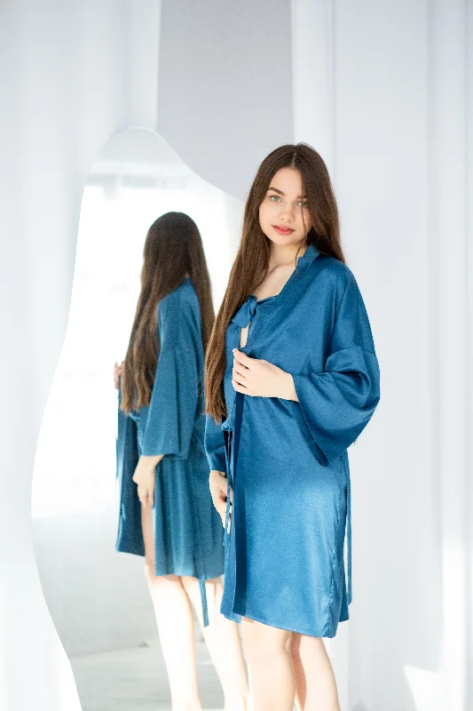 Silk satin robe and one-piece pajama set. Teal sleep bodysuit 