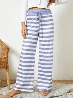 Women Plus Size Striped Brief Style Drawstring Waist Loose Daily Home Pajamas Pants