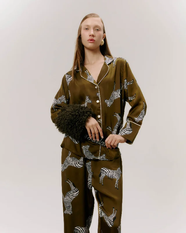 Long Sleeve Pajama Set - Classy Zebra in Olive Green Silk