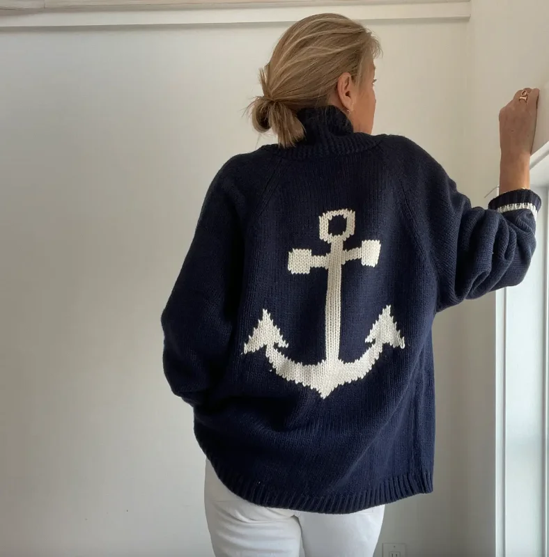 D Varsity Chunky Anchor Cardigan-Navy