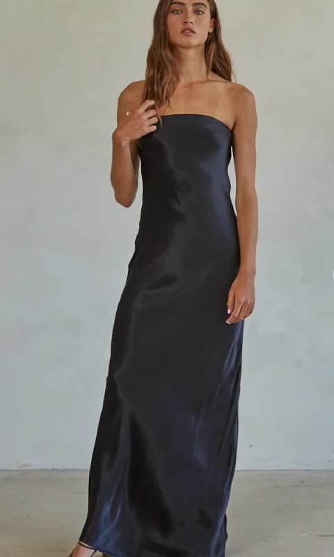 VH-1462 Black satin Strapless Maxi Dress