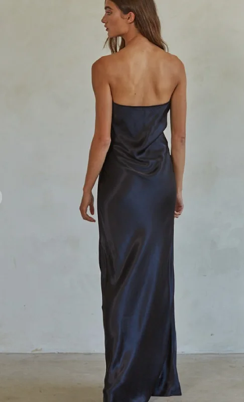 VH-1462 Black satin Strapless Maxi Dress